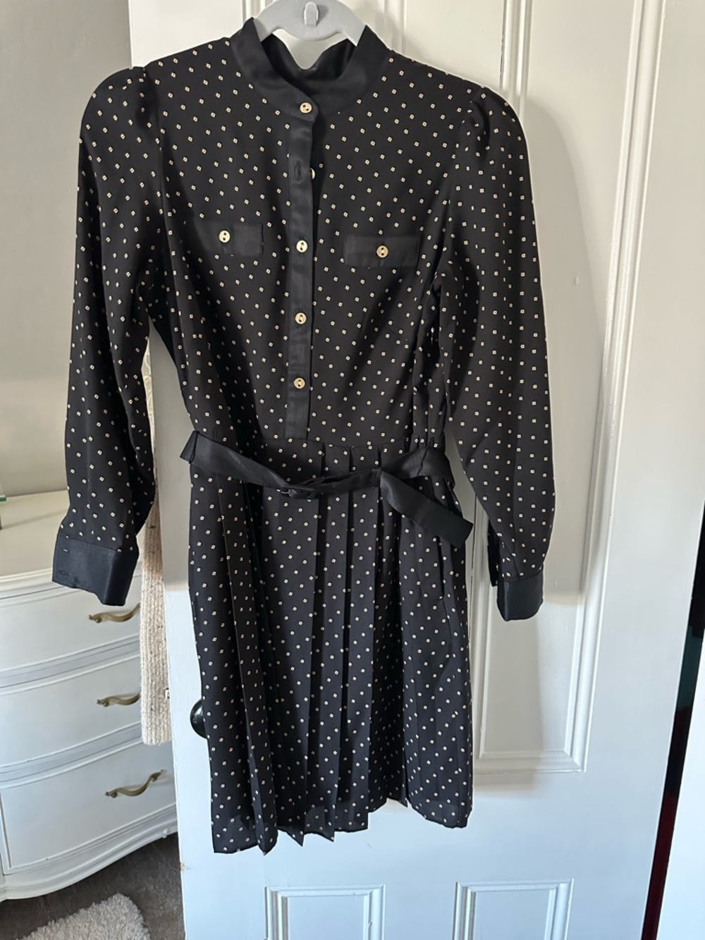 Ann Taylor Black Dress with Cream Polka Dots and Tie Waist